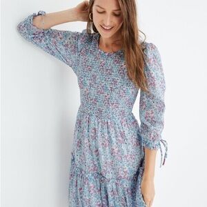 Banjanan Ingrid Tie-Sleeve Dress Floral Blue Dress Size Small